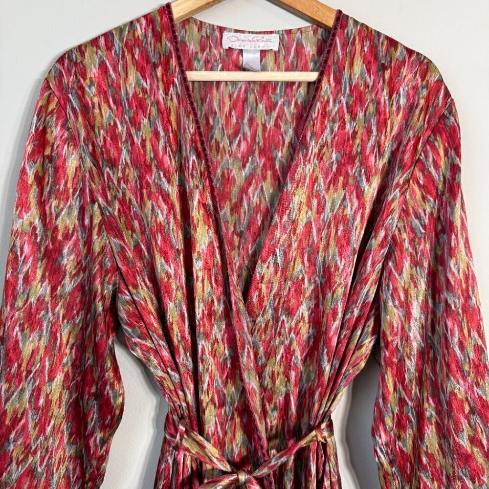 Vintage Oscar de la Renta Pink Label Printed Satin Robe Women's Large Red Belted - Picture 5 of 12